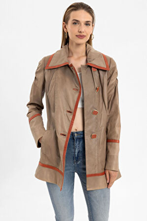 Camel Bianca Düğme Kapamalı Kadın Hakiki Deri Kaban