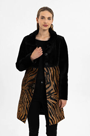 Jade Siyah ve Leopar Desenli Kadın Hakiki Deri Kaban