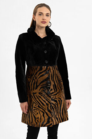 Jade Siyah ve Leopar Desenli Kadın Hakiki Deri Kaban