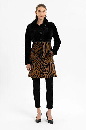 Jade Siyah ve Leopar Desenli Kadın Hakiki Deri Kaban