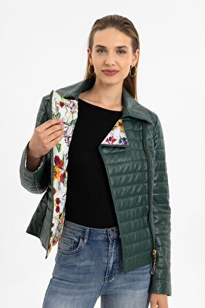 Yeşil Elise Kadın Kapitone Dikişli Hakiki Deri Mont