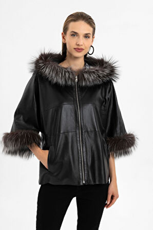 Lulu Siyah Panço Çift Taraflı Hakiki Deri Mont