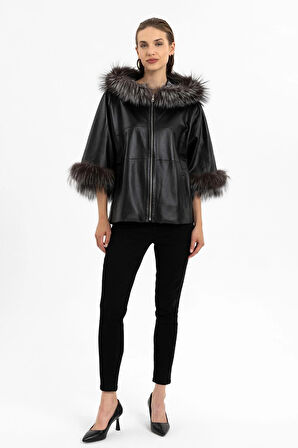 Lulu Siyah Panço Çift Taraflı Hakiki Deri Mont