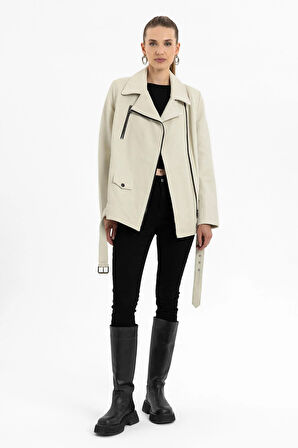 Beyaz Daisy Yandan Fermuarlı Beli Tokalı Kemerli Hakiki Deri Kadın Mont