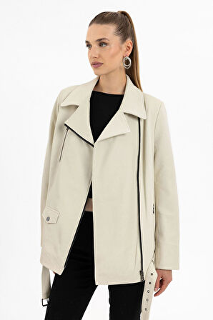 Beyaz Daisy Yandan Fermuarlı Beli Tokalı Kemerli Hakiki Deri Kadın Mont