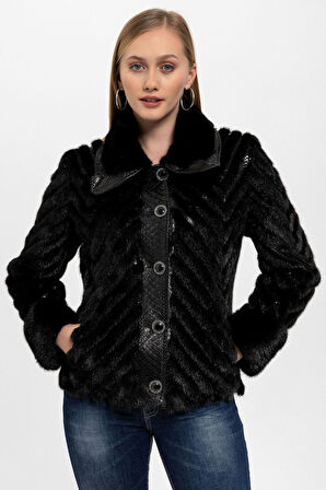 Siyah Jilda Düğmel Kürklü Kadın Hakiki Deri Kaban