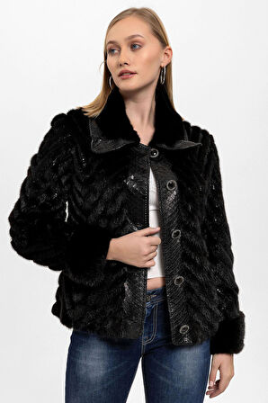 Siyah Jilda Düğmel Kürklü Kadın Hakiki Deri Kaban