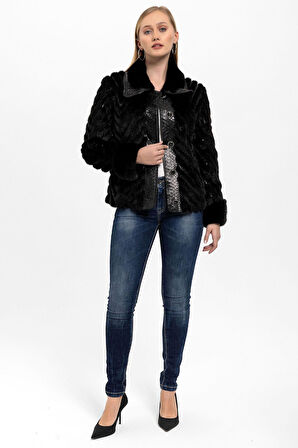 Siyah Jilda Düğmel Kürklü Kadın Hakiki Deri Kaban