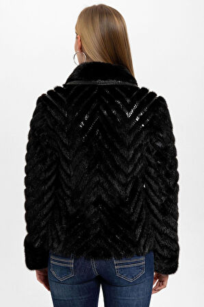 Siyah Jilda Düğmel Kürklü Kadın Hakiki Deri Kaban