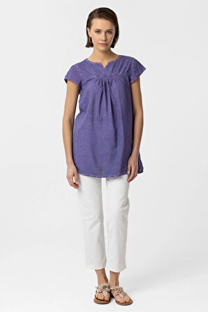 Mor Sırtı Nakışlı Kısa Kollu Pamuklu Gömlek Bluz