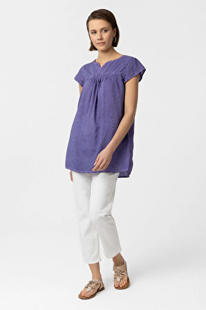 Mor Sırtı Nakışlı Kısa Kollu Pamuklu Gömlek Bluz