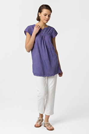 Mor Sırtı Nakışlı Kısa Kollu Pamuklu Gömlek Bluz