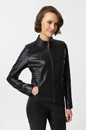 Siyah Lotus Fermuarlı Astarlı Kısa Omuzda Ve Kolda Dikişli Dar Kesim Kadın Hakiki Deri Mont