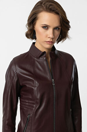 Bordo Lotus Fermuarlı Astarlı Kısa Omuzda Ve Kolda Dikişli Dar Kesim Kadın Hakiki Deri Mont