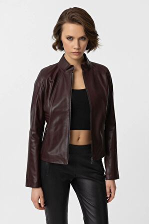 Bordo Lotus Fermuarlı Astarlı Kısa Omuzda Ve Kolda Dikişli Dar Kesim Kadın Hakiki Deri Mont