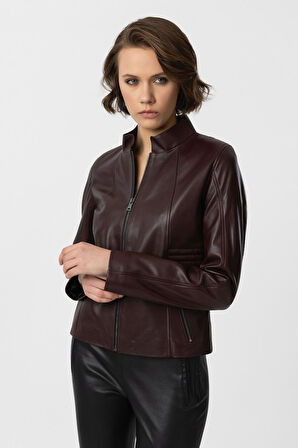 Bordo Lotus Fermuarlı Astarlı Kısa Omuzda Ve Kolda Dikişli Dar Kesim Kadın Hakiki Deri Mont