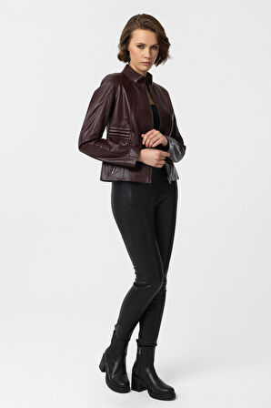 Bordo Lotus Fermuarlı Astarlı Kısa Omuzda Ve Kolda Dikişli Dar Kesim Kadın Hakiki Deri Mont