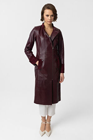 Bordo Nancy Yandan Fermuarlı Hakim Yaka Hakiki Deri Uzun Kadın Manto Kaban