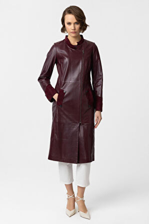 Bordo Nancy Yandan Fermuarlı Hakim Yaka Hakiki Deri Uzun Kadın Manto Kaban