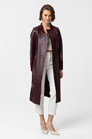 Bordo Nancy Yandan Fermuarlı Hakim Yaka Hakiki Deri Uzun Kadın Manto Kaban