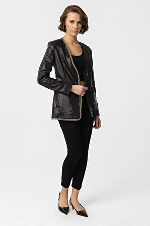 Siyah Avril Kadın Hakiki Deri Ceket