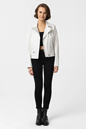 Beyaz Stella Çıt Çıt Detaylı Yandan Fermuarlı Biker Hakiki Deri Kadın Mont