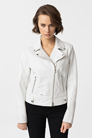 Beyaz Stella Çıt Çıt Detaylı Yandan Fermuarlı Biker Hakiki Deri Kadın Mont