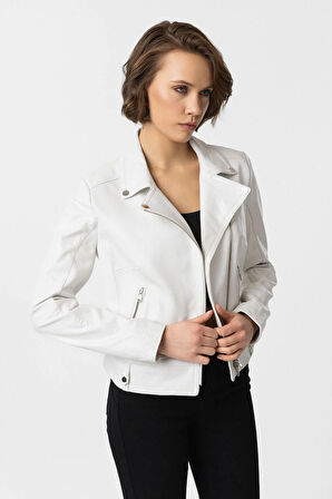 Beyaz Stella Çıt Çıt Detaylı Yandan Fermuarlı Biker Hakiki Deri Kadın Mont