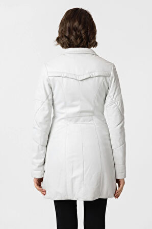 Beyaz Bella Elyaf Dolgulu Şal Yaka Düğmeli Kadın Deri Kaban