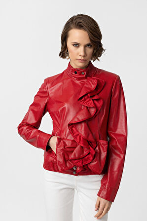 Kırmızı Farah Yandan Fermuarlı Fırfır Detaylı Astarlı Kadın Hakiki Deri Mont