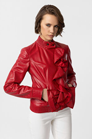 Kırmızı Farah Yandan Fermuarlı Fırfır Detaylı Astarlı Kadın Hakiki Deri Mont