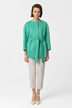 Yeşil Jadira Çıt Çıt Kapamalı Kemerli Truvakar Kol Kumaş Kaban