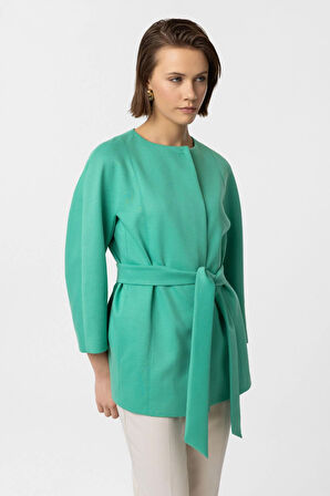 Yeşil Jadira Çıt Çıt Kapamalı Kemerli Truvakar Kol Kumaş Kaban