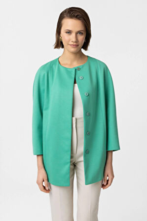 Yeşil Jadira Çıt Çıt Kapamalı Kemerli Truvakar Kol Kumaş Kaban