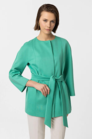 Yeşil Jadira Çıt Çıt Kapamalı Kemerli Truvakar Kol Kumaş Kaban