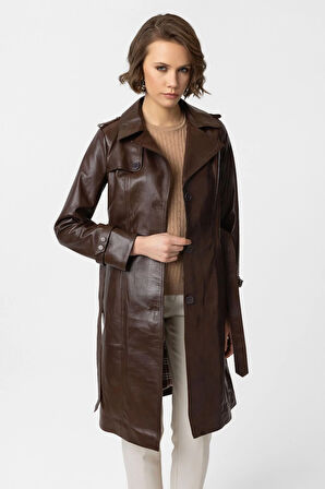 Kahve Cassie Yırtmaçlı Astarlı Kemerli Trençkot Kadın Hakiki Deri Kaban