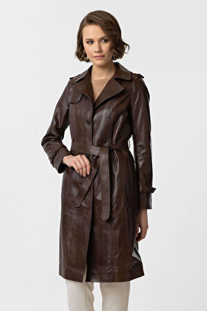 Kahve Cassie Yırtmaçlı Astarlı Kemerli Trençkot Kadın Hakiki Deri Kaban