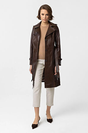 Kahve Cassie Yırtmaçlı Astarlı Kemerli Trençkot Kadın Hakiki Deri Kaban