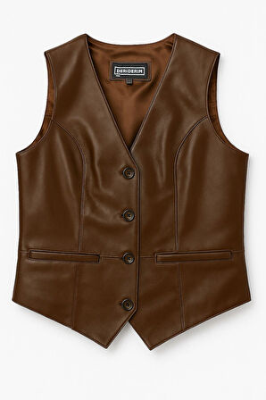 Hakiki Deri Kahverengi Kadın Yelek