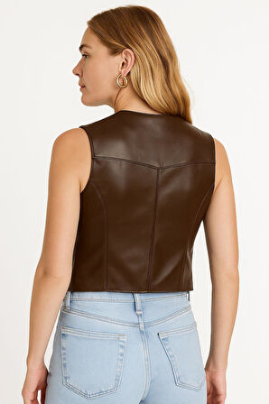 Hakiki Deri Kahverengi Kadın Yelek