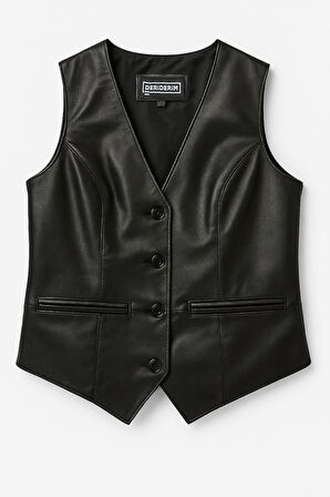 Hakiki Deri Siyah Kadın Yelek