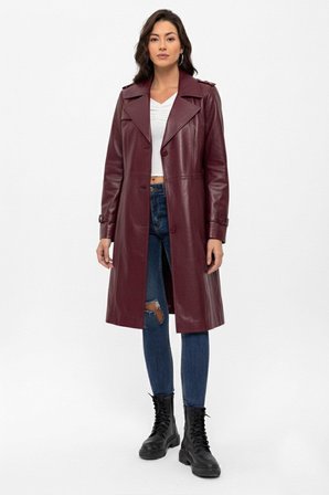 Bordo Cassie Yırtmaçlı Astarlı Kemerli Trençkot Kadın Hakiki Deri Kaban