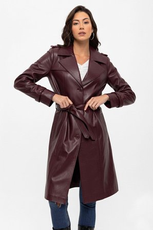 Bordo Cassie Yırtmaçlı Astarlı Kemerli Trençkot Kadın Hakiki Deri Kaban