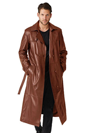 Taba Matrix Hakiki Deri Kruvaze Düğme Kapamalı Yırtmaçlı Astarlı Kemerli Trençkot Erkek Kaban