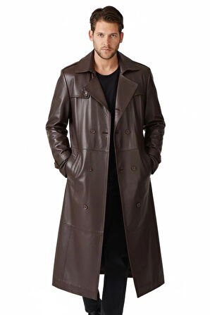 Kahverengi Matrix Hakiki Deri Kruvaze Düğme Kapamalı Yırtmaçlı Astarlı Kemerli Trençkot Erkek Kaban