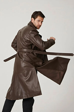 Kahverengi Matrix Hakiki Deri Kruvaze Düğme Kapamalı Yırtmaçlı Astarlı Kemerli Trençkot Erkek Kaban