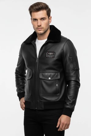 Siyah Top Gun Yaka Kürklü Erkek Hakiki Deri Mont