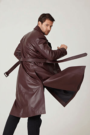 Bordo Matrix Hakiki Deri Kruvaze Düğme Kapamalı Yırtmaçlı Astarlı Kemerli Trençkot Erkek Kaban