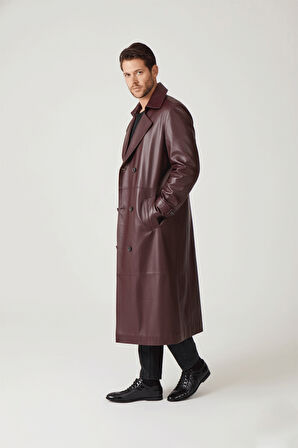 Bordo Matrix Hakiki Deri Kruvaze Düğme Kapamalı Yırtmaçlı Astarlı Kemerli Trençkot Erkek Kaban