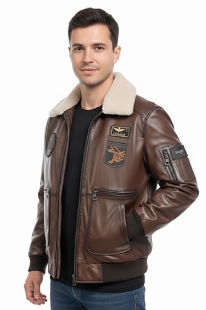 Aviator Kahverengi Armalı Hakiki Deri Erkek Bomber Mont